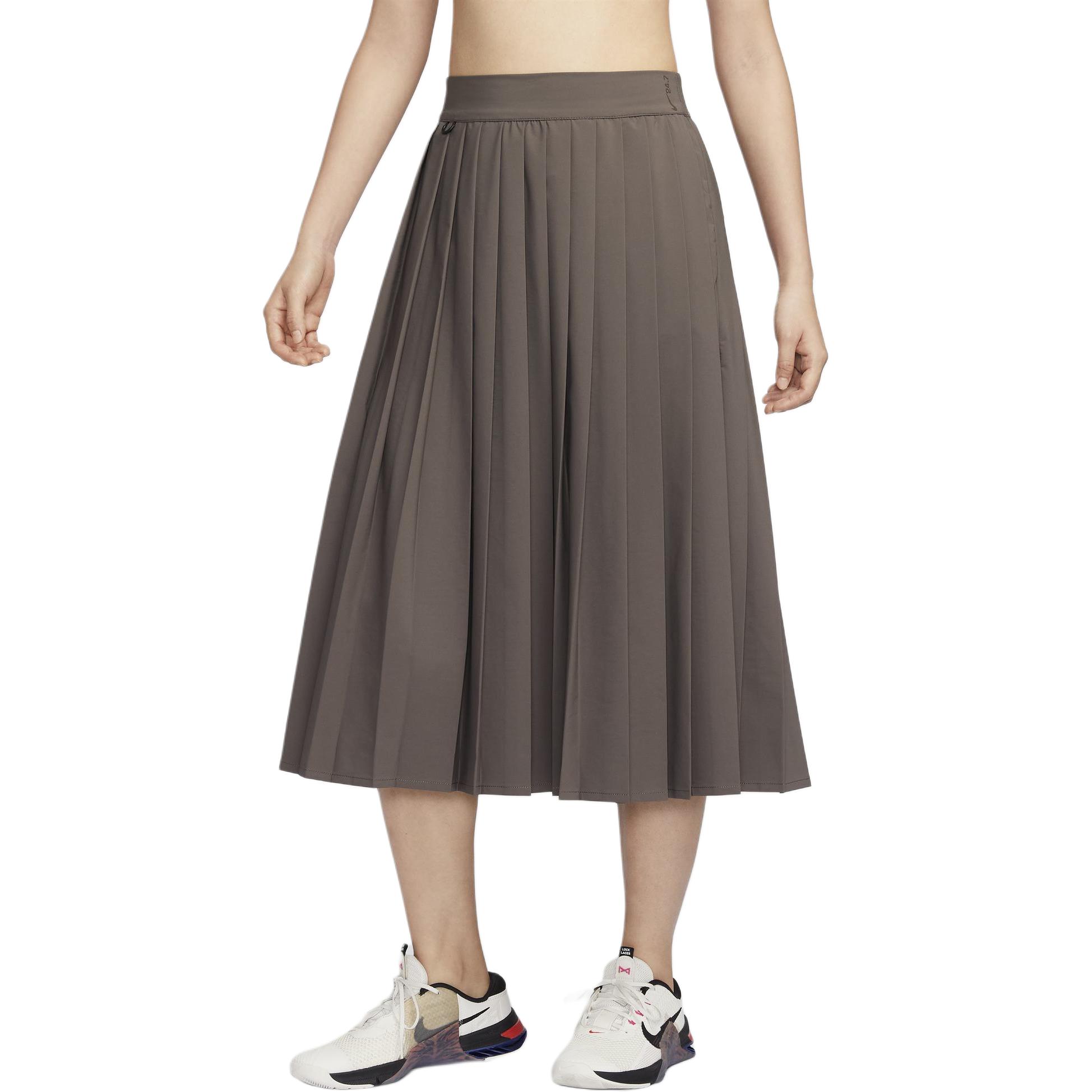 

Nike Dri-Fit 24.7 Perfect Stretch Fashion Quick-Dry Pleated Solid Casual Long Skirt Women skirts Mineral-Grey Baroque-Brown HQ8154-004 S