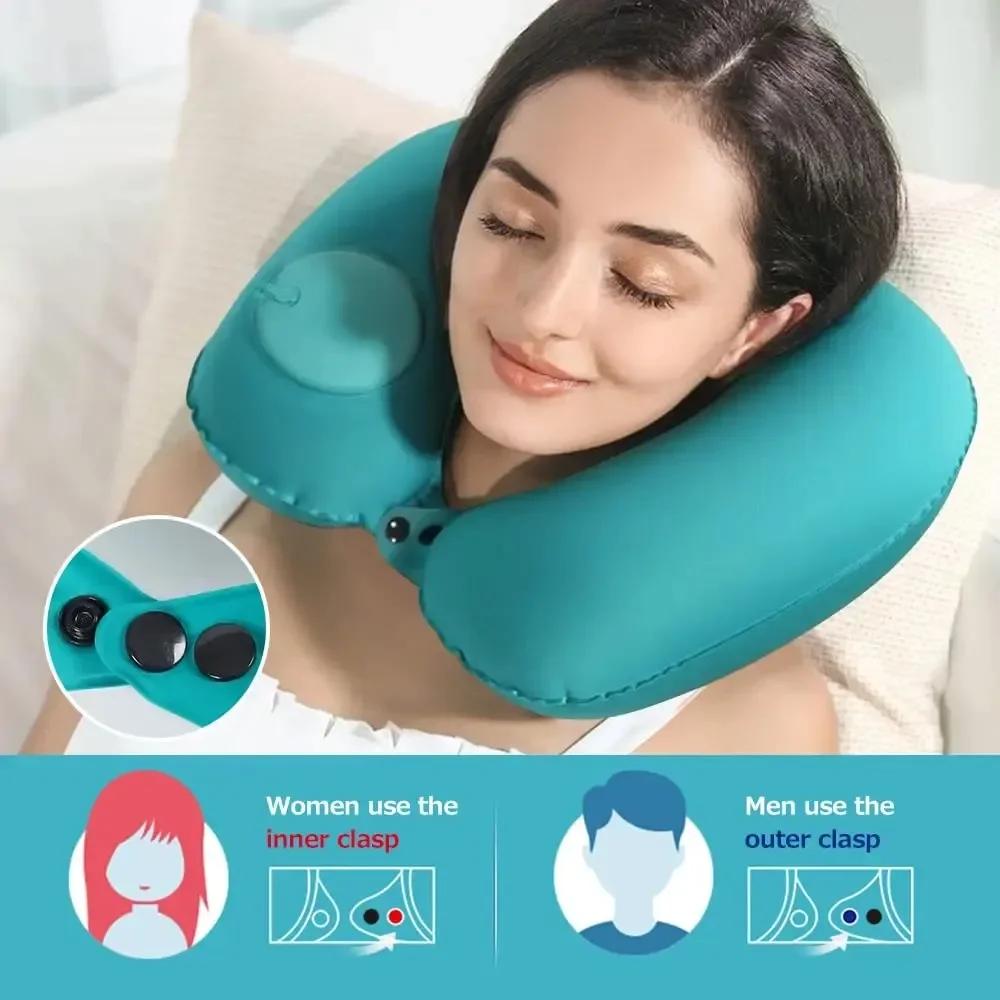 Flocking Inflatable Portable Neck Pillow That Can Be Stored And Self Filled Suitable For Outdoor Travel Business Trips Camping