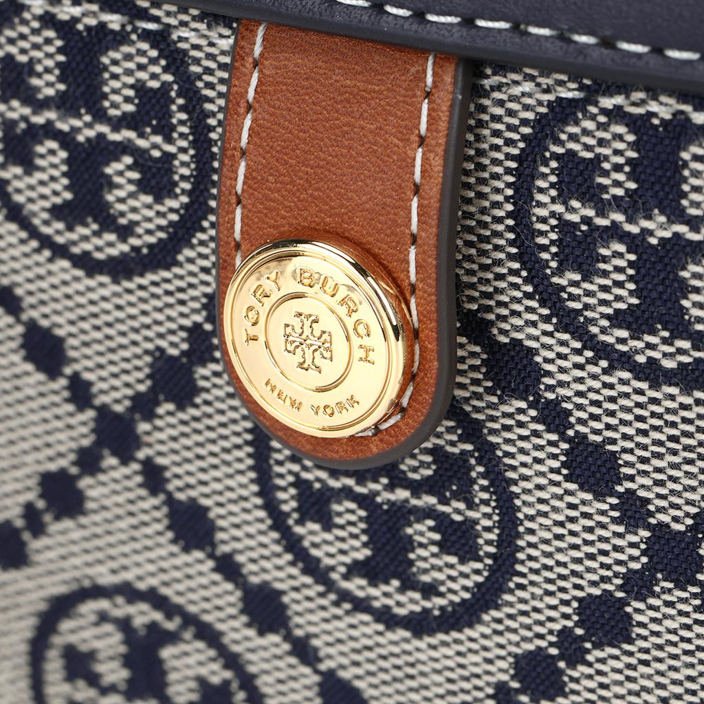 Tory Burch T Monogram Canvas Adjustable Detachable Shoulder Strap Button Closure Fabric Tote Bag Women Handbags Navy-Blue 165010-405