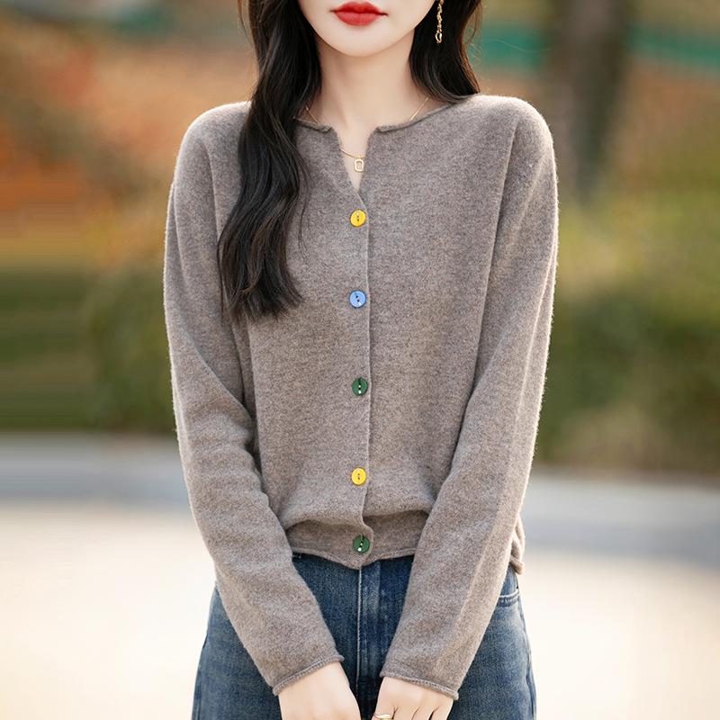 Women's V-Neck Wool Cardigan Sweater - Spring New Arrival, Loose Fit, Solid Color, Versatile Knit Outerwear.
