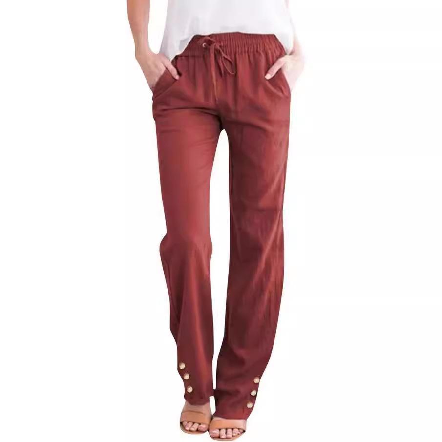 Grenzüberschreitende eBay Amazon wish Frühling Sommer Knopf Einfarbig Baumwolle Leinen Locker Kordelzug Knopf Lässige Weitbein Hose für Damen