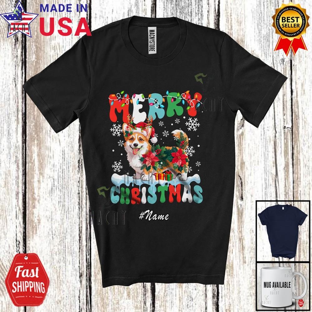 

Custom Name Merry Christmas Lovely Santa Corgi Poinsettia Flowers Groovy Shirt XL