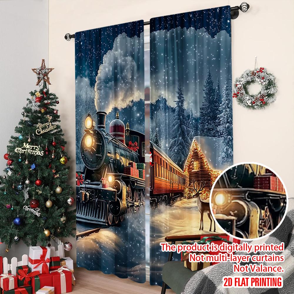 2pcs 2D flat printing Merry Christmas Curtain Christmas Train1 Versatile Polyester Fabric Without Electricity Family Party