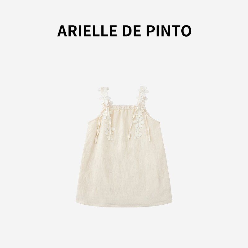 French Arielle De Pinto Girls  Dress, Summer Sweet Style, Petal Collar, Loose Cotton Sundress Apricot color 130