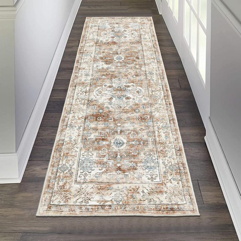Farmhouse Vintage Runner Rug Brown Cream Medallion Floral Design Non Slip Mat For Hallway Kitchen Entryway Decor