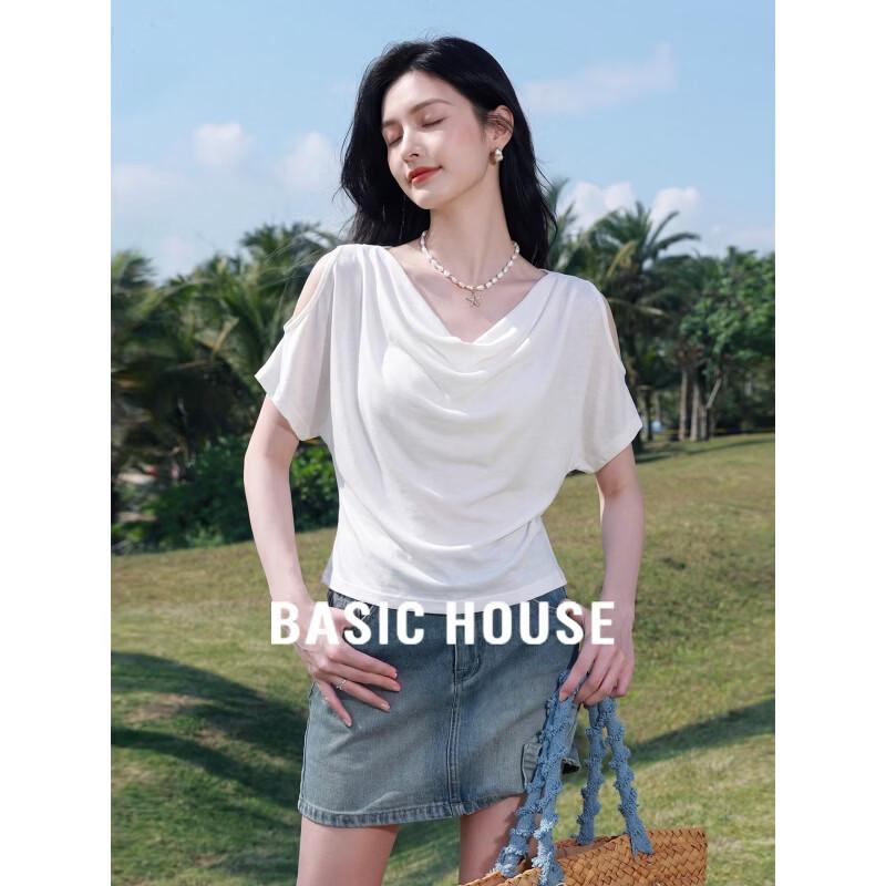 Basic House Women s Draped Neck Cutout Shoulder T-Shirt L