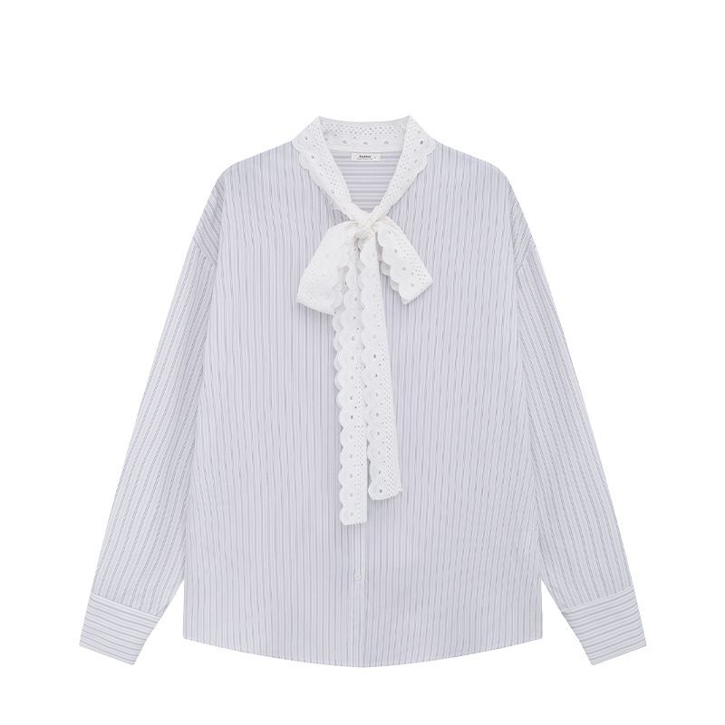

Bow Tie Tied Women s Striped Shirt Lace Unique Long Sleeved Shirts Korean Style Spring Autumn New Woman Base Top S