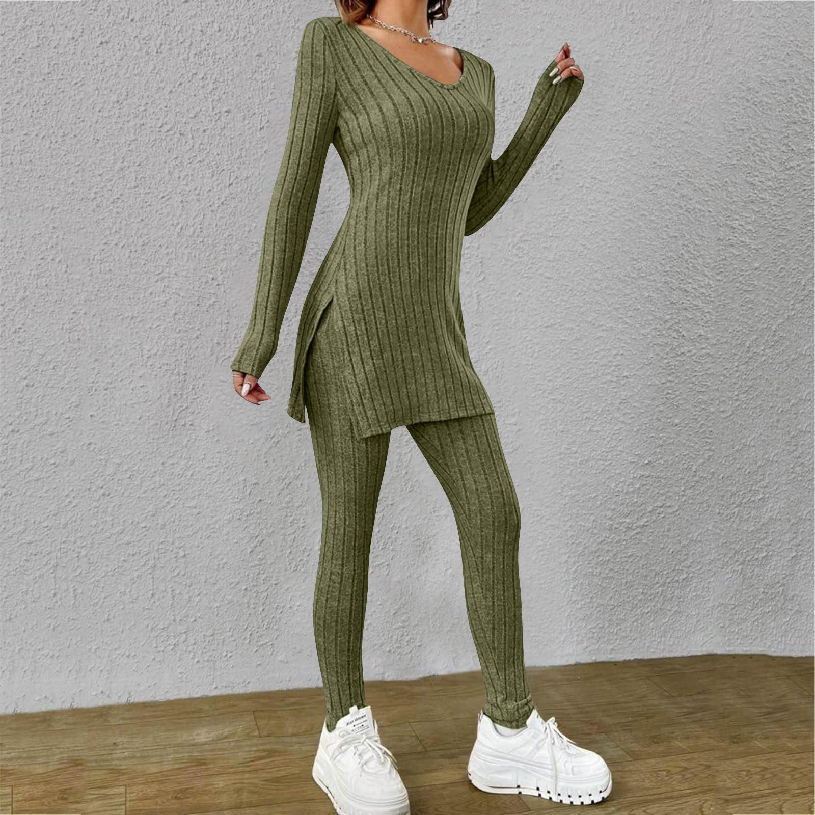 

Женская мода с длинным рукавом, весенний повседневный костюм с длинным рукавом и V-образным вырезом, свободные брюки L армия зеленый