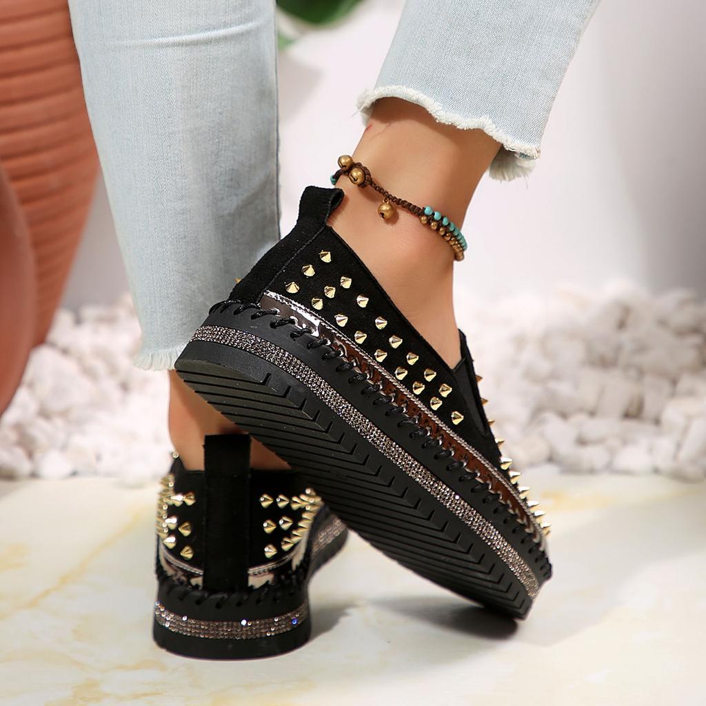 Low Top Toe Silver Rivet Design Casual Shoes Black Flats Suede Lace-Up Couple Sneakers Bottoms Shoes For Women Walking Shoes