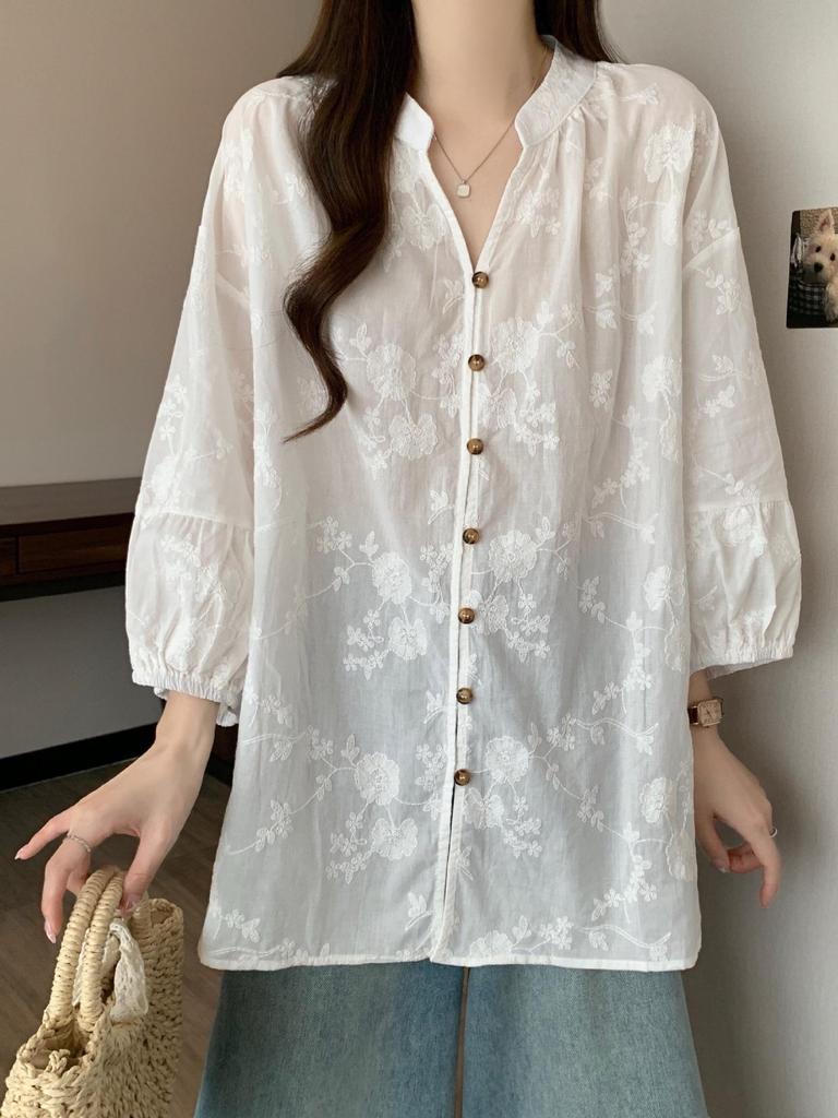 Damen Herbst Französisch Retro Bestickte Spitze Bluse - Große Größen Siebenärmel Schickes Oberteil (2025)