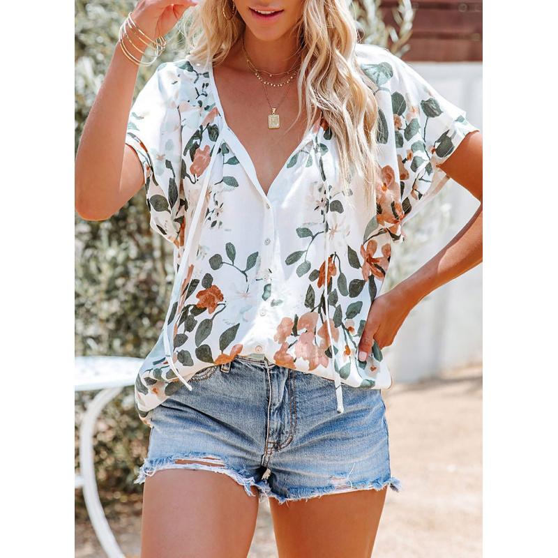 2026 New Printed Women's Summer V-Neck Half-Open Short-Sleeve Loose Casual T-Shirt