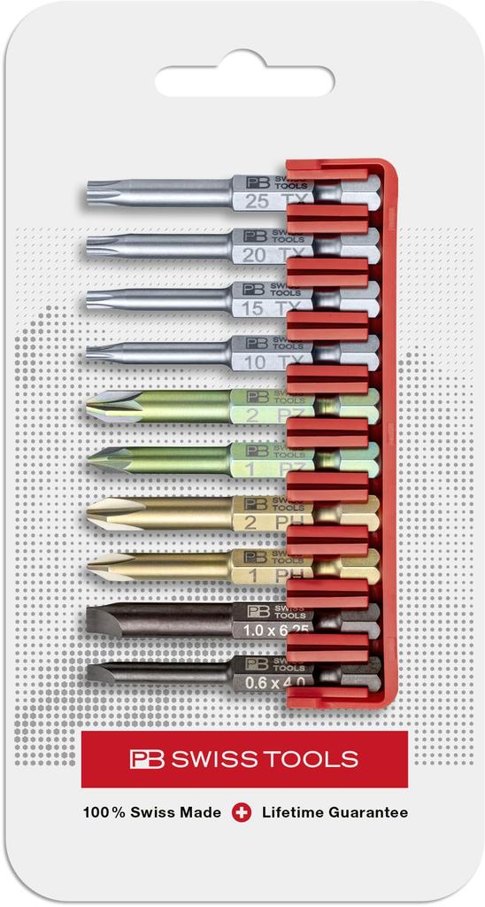 PB Swiss Tools Hex E6 Stepped Bit Set with Bit 10-Piece 1/4" (Slotted, Phillips, Pozidriv, Hexalobular) Holder, E6.702CN