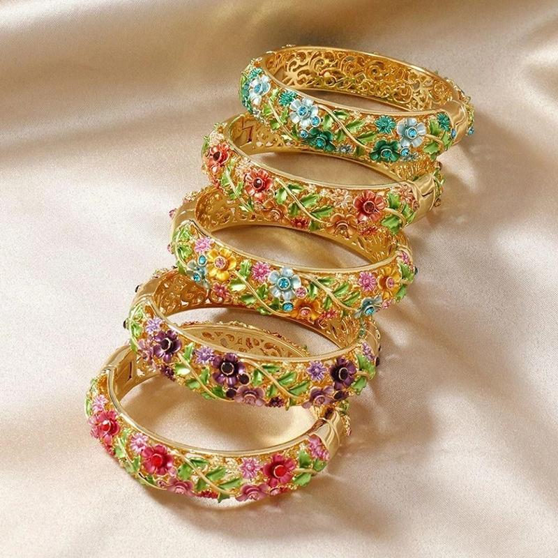 Colored Ethnic Style Flower Bangles Alloy Openwork Engraving Vintage Open Bracelets For Women Jewelry Gift