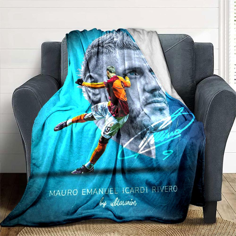 Blue Football Player Portrait Shooting Print Flannel Throw Blanket, Soft Warm Cozy Bed Sofa Cover for Sports Fan Home