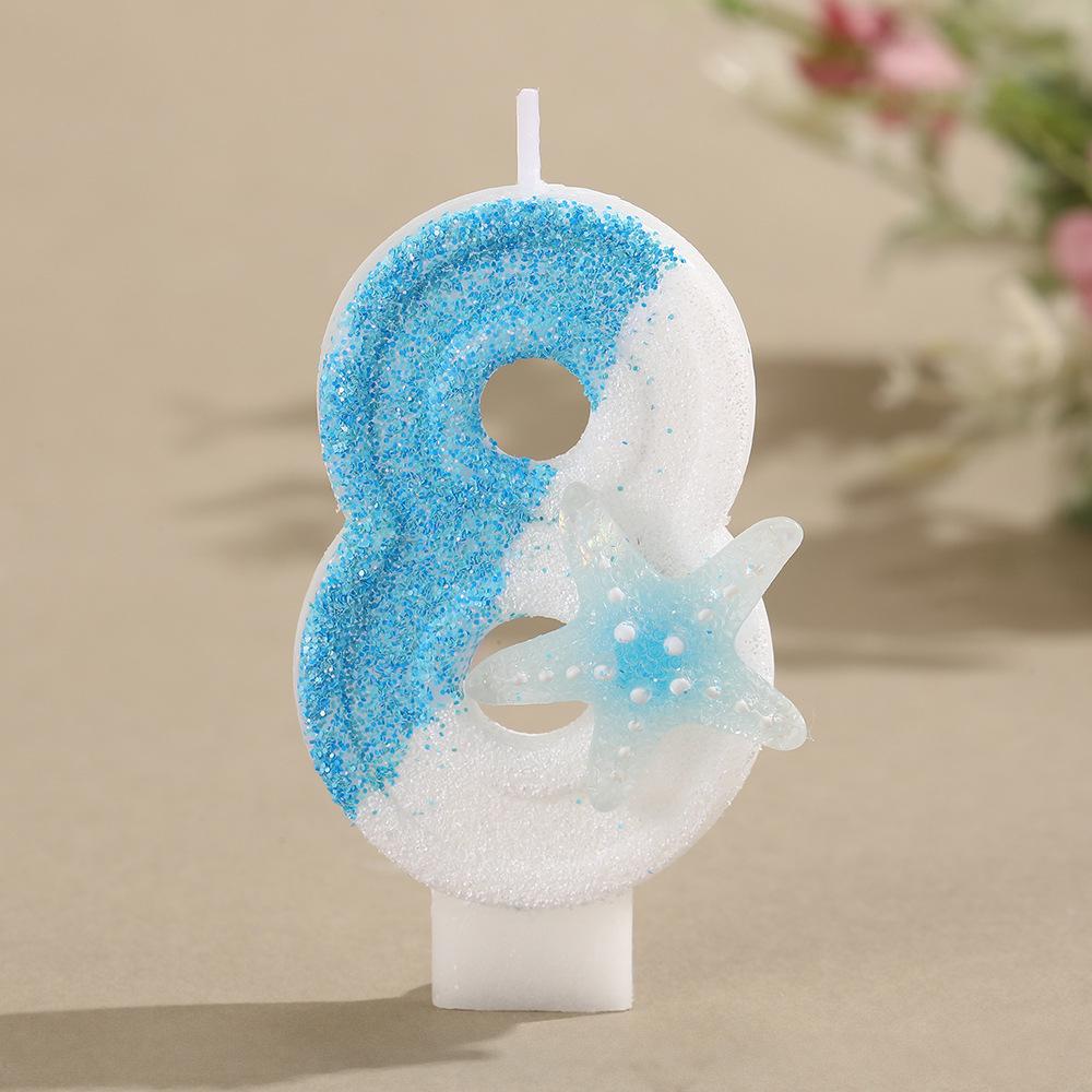 Ocean-Themed Blue & White Number Candles with Starfish Decoration for Birthday Cakes Gradient Blue Starfish