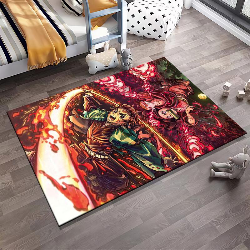Vibrant anime-style carpet with a fiery battle scene Suitable for use as an anti-slip game mat for living room and bedroom sofas