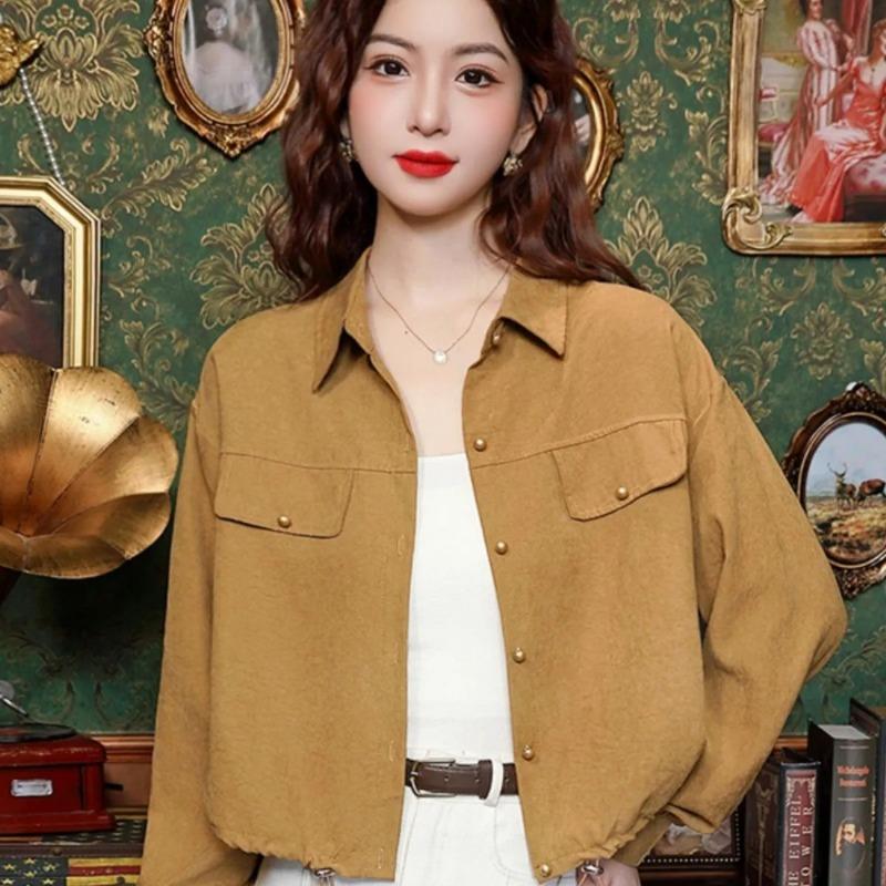 Women's Casual Beige Button Up Drawstring Hem Long Sleeve Shirt Jacket