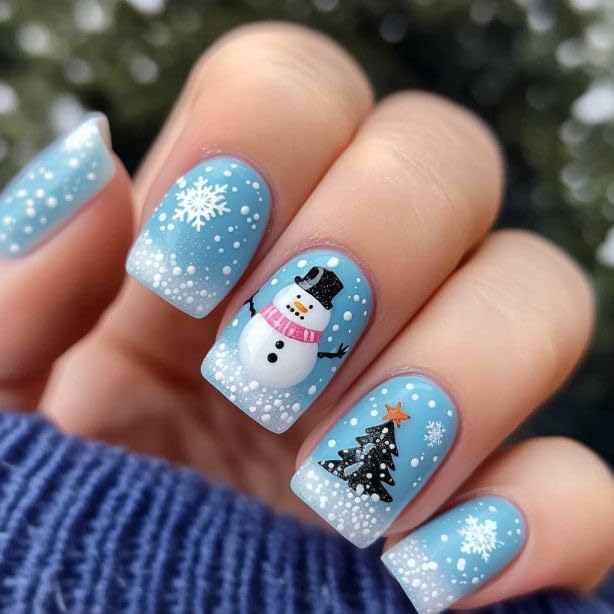 Christmas Snowmen Press On Nails Short Square French Tip Fake Nails with Winter Snowflake Design Blue Winter Xmas Snowmen Glue On False Nail