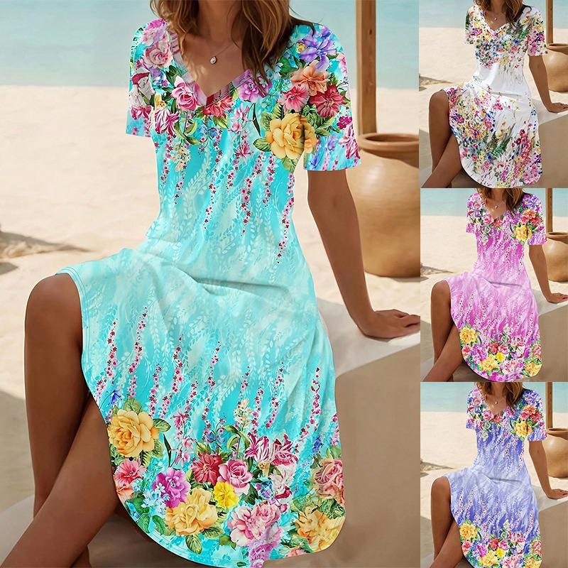 Women's Summer Long Dress V-Neck Short Printed Floral Printed Beach Dress Praty Dress