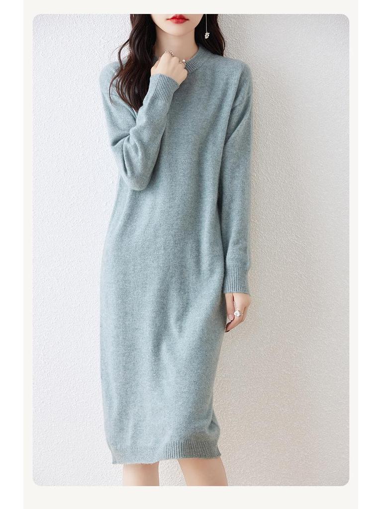 Women's Long Wool Knitted Dress - Over-the-Knee, Semi-High Neck, Loose Fit for Autumn/Winter
