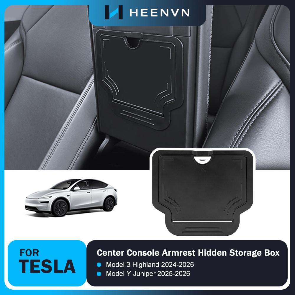 Heenvn Center Console Hidden Storage Box For Tesla Model 3 Highland Model Y Juniper 2025 2026 ABS Armrest Hidden Cover Interior