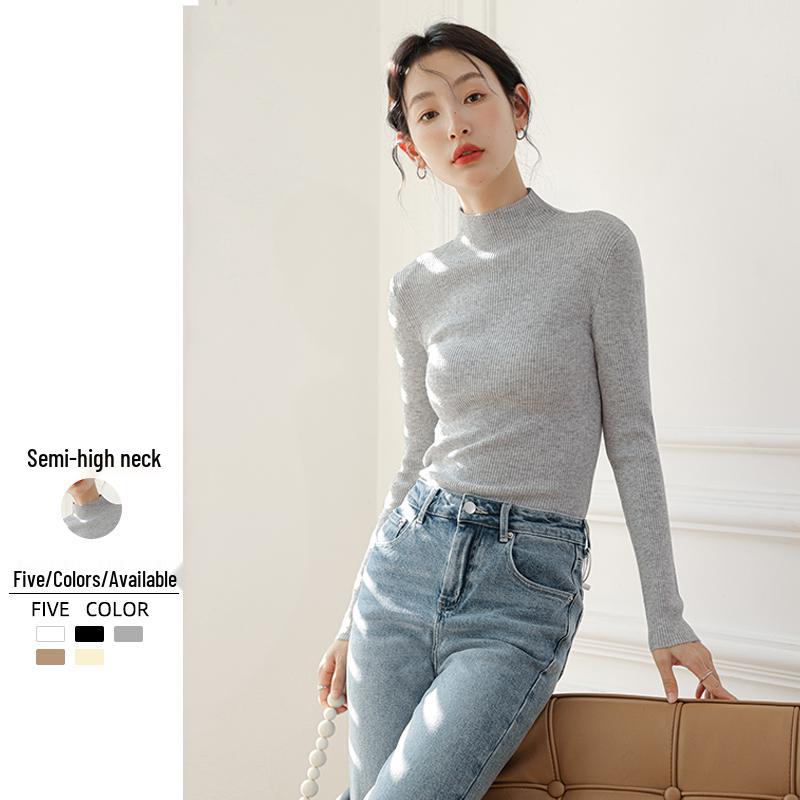 Women s High Neck Gray Knit Sweater - Slim Fit Versatile Spring Base Layer S