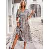 Sommerkleid für Damen, V-Ausschnitt, elegant, bedruckt, kurzärmelig, hohe Taille, A-Linie, Blumenmuster, Urlaubskleid