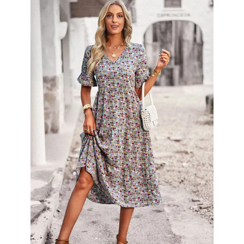 Sommerkleid für Damen, V-Ausschnitt, elegant, bedruckt, kurzärmelig, hohe Taille, A-Linie, Blumenmuster, Urlaubskleid