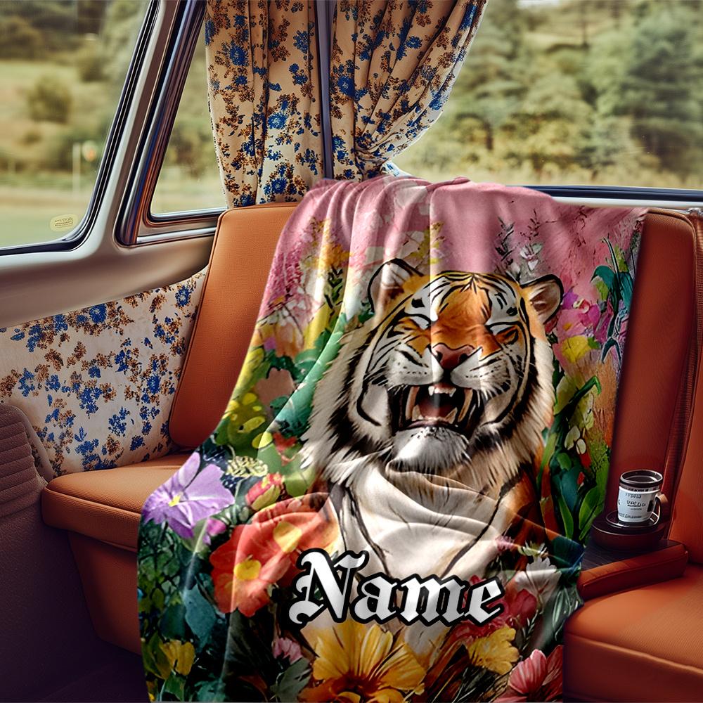 Tiger Roaring Amidst Vibrant Floral Garden Blanketcustomizable With Your Namecomfortable And Stylish Perfect For Travel Beds Chairs Offices Sofas