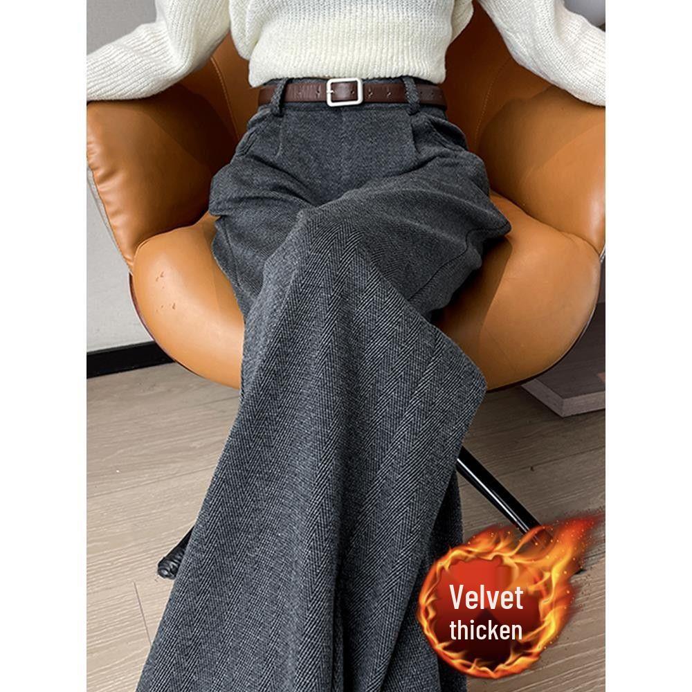 2025 Autumn/Winter High-Waisted Herringbone Wool Blend Wide-Leg Pants