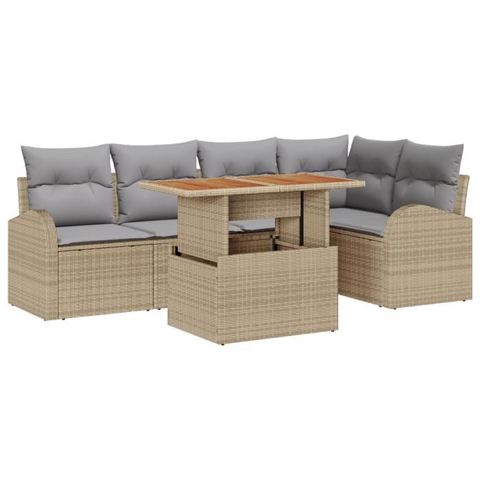 VidaXL Ensemble salle à manger jardin 6 pièces avec coussins Beige Poly Rattan Acacia 3349587