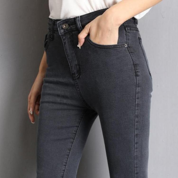

Woman High Elastic Stretch Skinny Jeans Washed Denim Pencil Pants Blue Gray Black Female 40 сірий колір