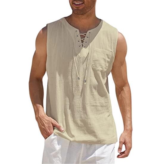 Men's Sleeveless T-shirt Lace Up V-Neck Loose Fit Blouse with Chest Pocket Solid Color Casual Summer Top for Daily Wear Gym Travel