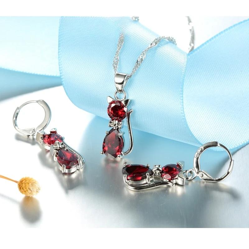 925 Sterling Silver Color Jewelry Sets for Woman Girls Shining Austrian Crystal Cute Cat Pendant Necklace Huggie Earring