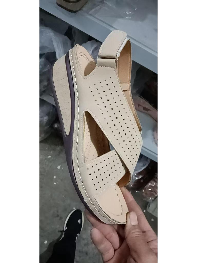 Plus Size Women's Summer Wedge Sandals - Breathable, Velcro Strap, Thick Sole, Hollow Design