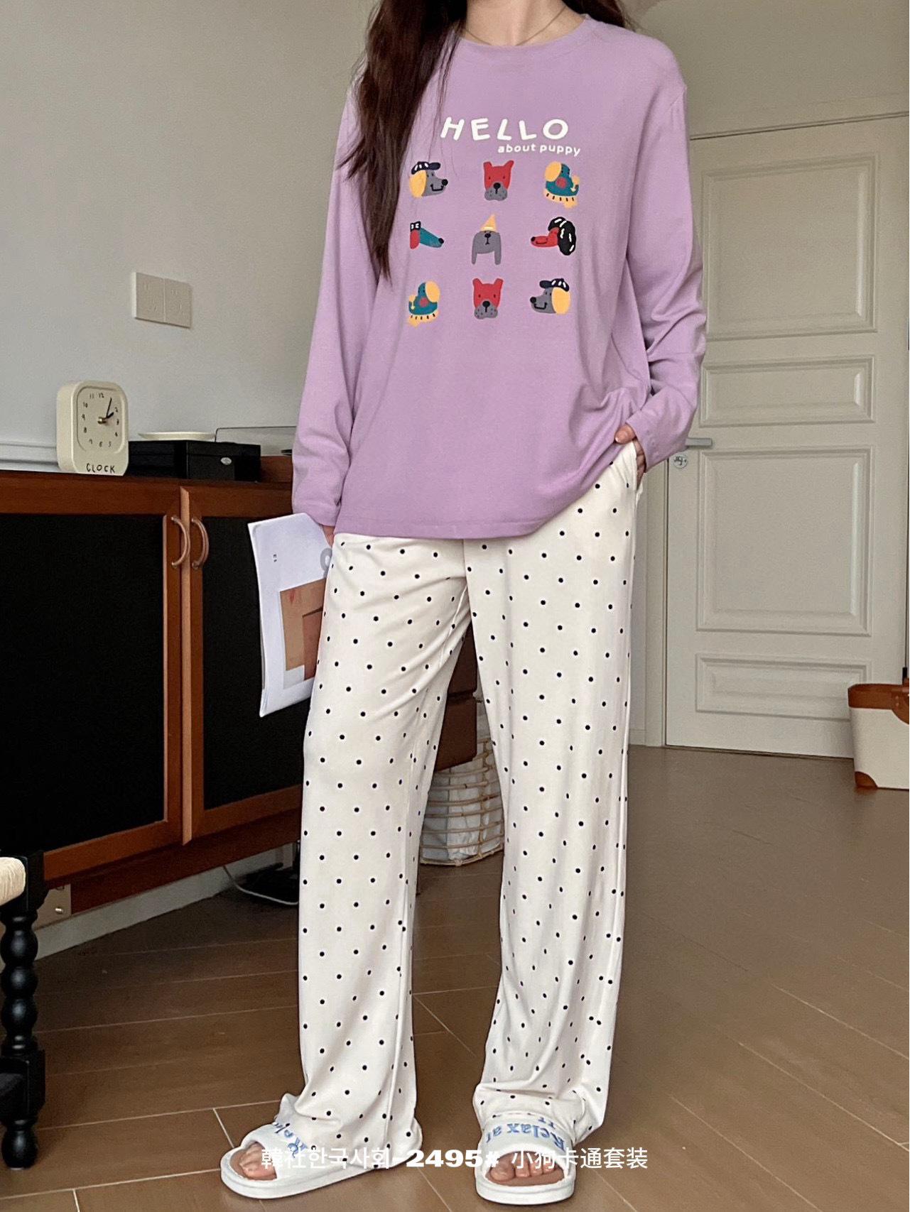 

Корейское общество Мультяшная пижама из вискозы в горошек для женщин - Удобная домашняя и уличная одежда One Size (80-140 jin) фиолетовый