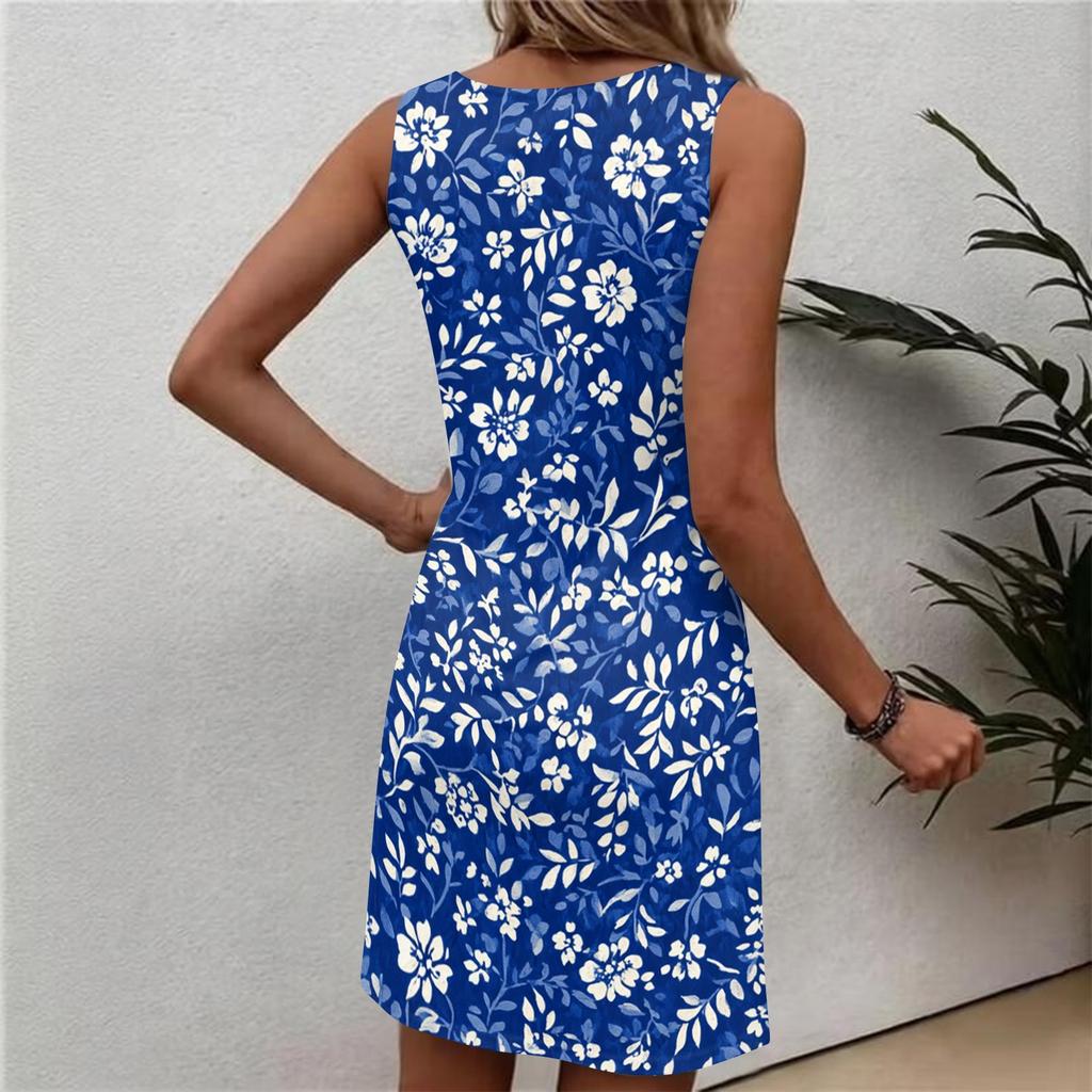 Robe décontractée sans manches à imprimé floral pour femme, col rond, légère, d'été, coupe décontractée, longueur au-dessus du genou