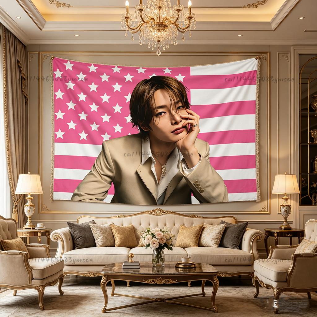 Kpop Banner Gift Skz I.N In a Suit Pink American Flag Tapestries Aesthetic Wall Hanging Bedroom Dormitory Background Cloth SKids