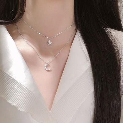 Simple Double Layer Star Moon Pendant Necklace Light Luxury Inlaid Diamond Clavicle Chain For Women  Jewelry