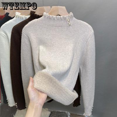 Thickened and Fleece Women's Knitted Sweater Winter Solid Color Semi-high Neck Pullover Top Knitted Sweater