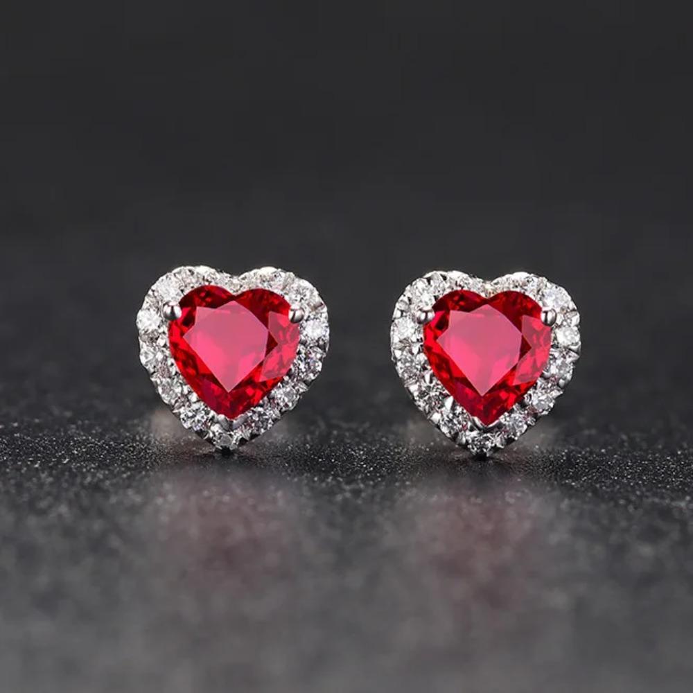 925 Silver Love Heart Earring Luxury Female Ruby Red Stone Stud Earrings For Women Wedding Party Birthday Gift