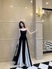 Women's Summer French Patchwork Color Block Spaghetti Strap Waist-Cinching A-Line Floor-Length Dress