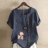 Women's Fashion Round Neck Short Sleeve T-shirt Casual Cotton Linen Graphic Shirt Leisure Loose Two Cute Little Cats Prined Summer Blouse Tops
