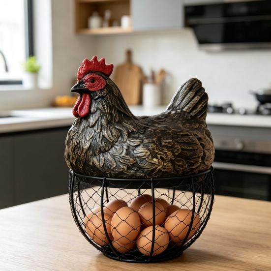 Cesto porta uova di gallina in rete metallica nera antiruggine, porta uova decorativo durevole, cesto per uova in stile fattoria per cucina e tavolo da pranzo