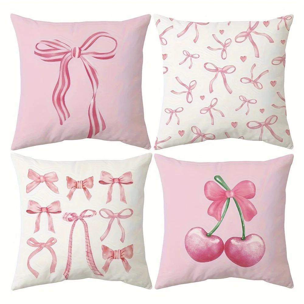 Exquisite Ornaments Unisex Pink Bow Cherry Blossom Printed Pillowcase Sweet Cute Style Soft Cotton Fabric Breathable For Bedroom Decor Girl's Room Aestheti