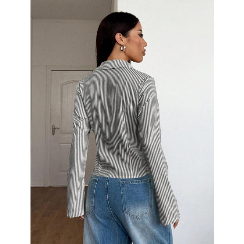 DAFIFY Women's Fashion Casual Spring Autumn Stripe Print Long Sleeve POLO Neck Blouses & Shirts