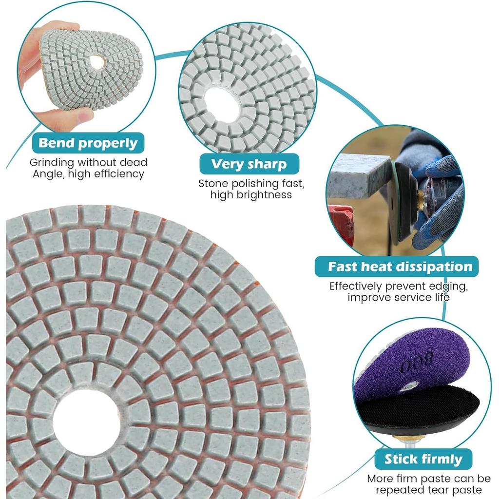 15PCS Diamond Polishing Pads Kit 4 Inch 100mm Wet/Dry Polishing Wheel Set for Granite, Marble, Concrete, Stone Mixed Grits 50-8000 with M14 Backing