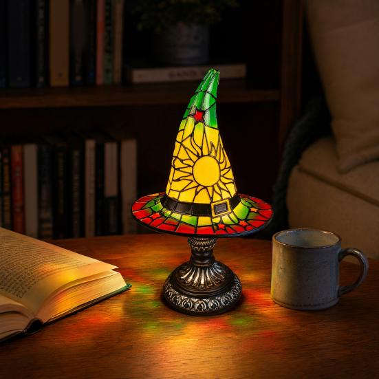 Jijijing Stained Glass Witch Hat Lamp, Table Lamp with Inline Switch, USB Powered Style Halloween for Bedroom Bookshelf Desk, Witches Gothic