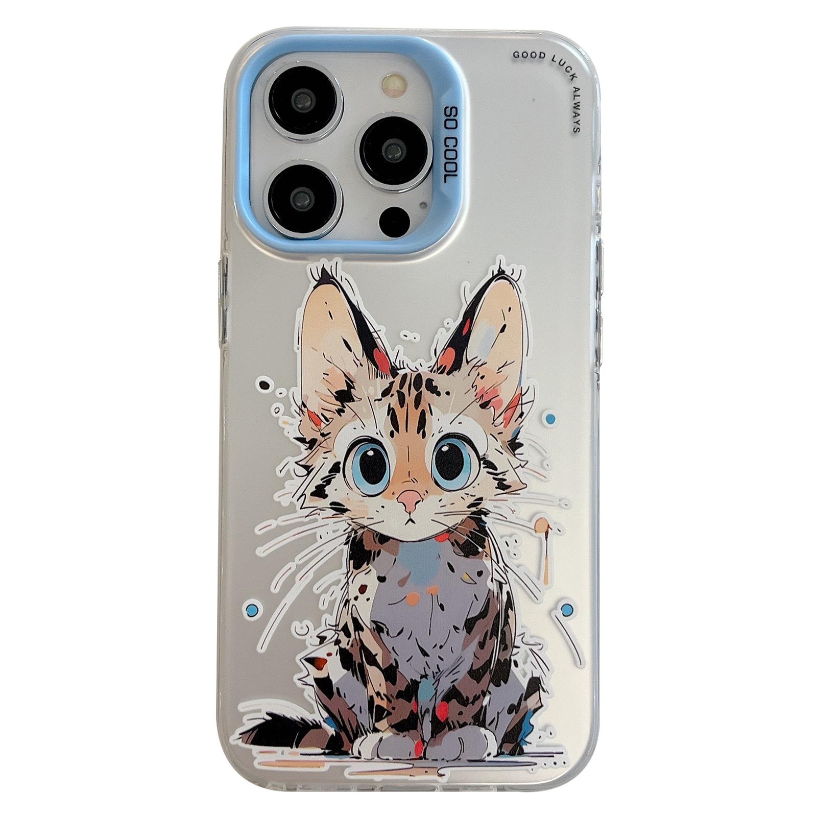 

For iPhone 15 Pro Phone Case PC+TPU Graffiti Animal Pattern Design Cover Dazed Cat