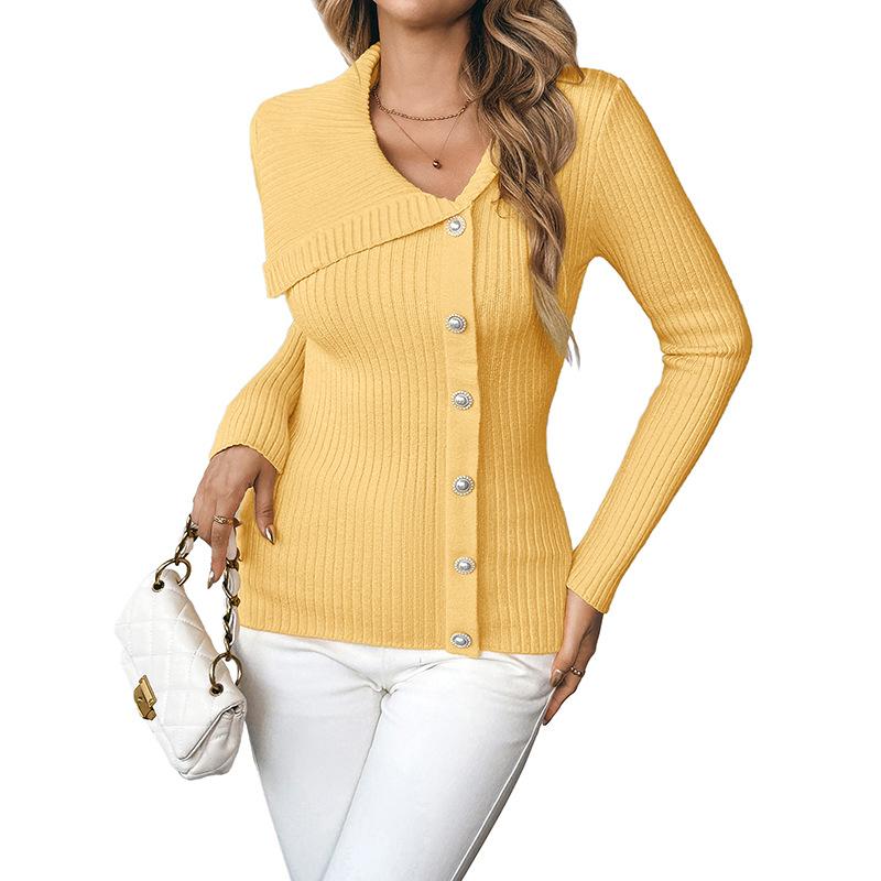 Women's Knit Button Up Cardigan Slim Fit Button Front Turn Down Collar Solid Color Soft Ribbed Knit Sweater Top